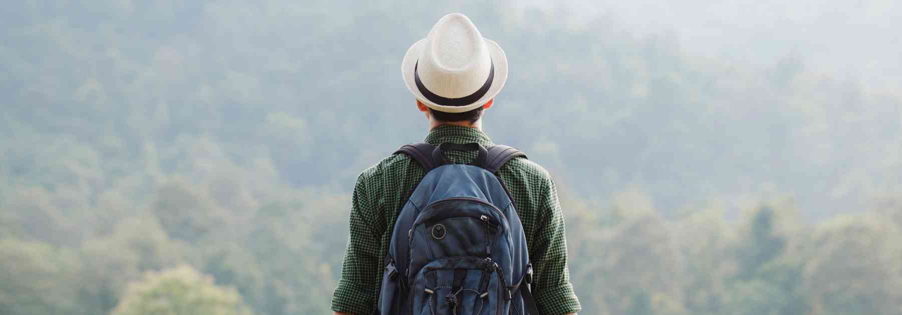 traveller wearing sun hat and backpack admiring view of forests